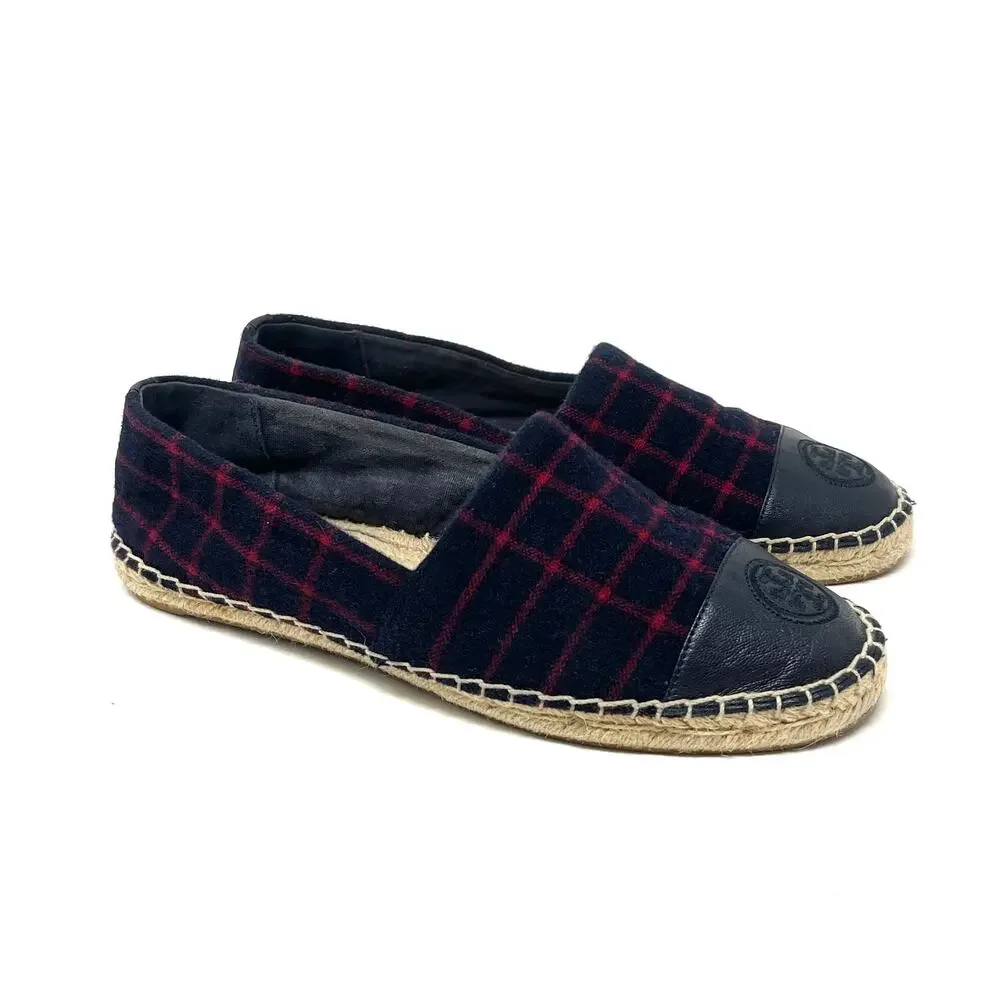 Tory Burch Color Block Espadrille - Flats - Plaid - Wool - Navy Red - Size 9